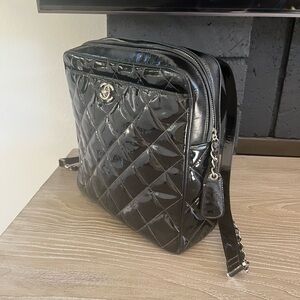 CHANEL Black Patent Quilted Backpack